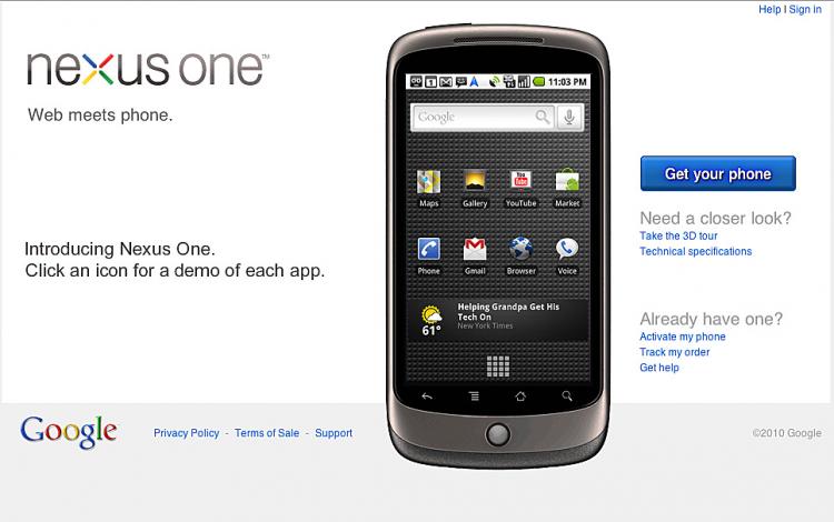 Obrázek stažený z nového internetového obchodu Google's Web store zachycuje Nexus One - dychtivě očekávaný Google phone. (Foto: Google)