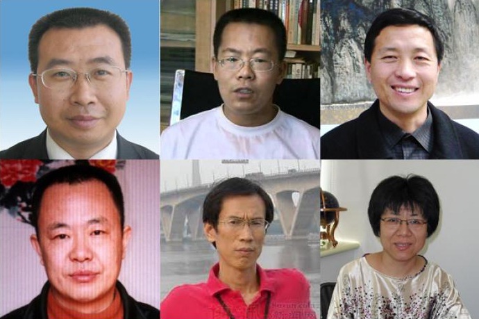 Lidsko-právní advokáti, aktivisté a disidenti byly zatčeni čínskou policií. Zleva - v horní řadě  Jiang Tianyong, Teng Biao, Tang Jitian. Zleva ve spodní řadě: Zhang Lin, Liu Shihui, Li Tiantian. (sohnetwork.com)