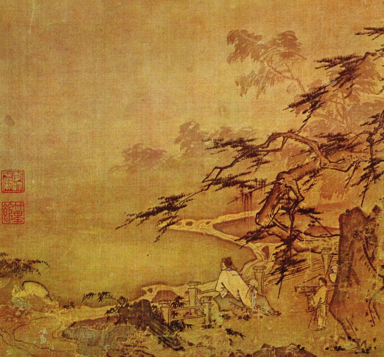 Učenec se sluhou na terase. Dílo Ma Jüana, čínského malíře krajin. (Public domain image)