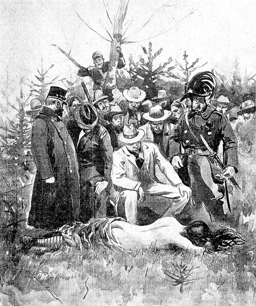Historická kresba z místa nálezu zavražděné, v lesíku jménem Březina. (dobová pohlednice)