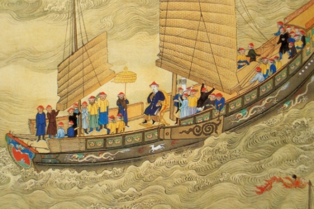 Cisár Kchang-si na výlete, začiatok 18. storočia, Dynastia Čching, Čína. (Wikimedia Commons)