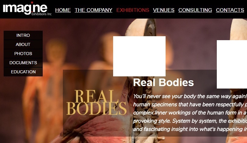 Screenshot stránky Imagine Exhibitions. Tvář zesnulého byla z fotografie elektronicky vymazána. (imagineexhibitions.com)