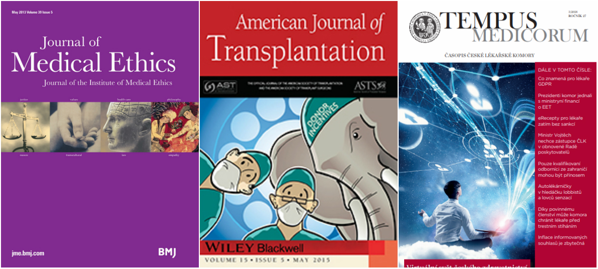 Přední stránky lékařských magazínů American Journal of Transplantation, Journal of Medical Ethics a Tempus Medicorum. (Screenshots/Internet)