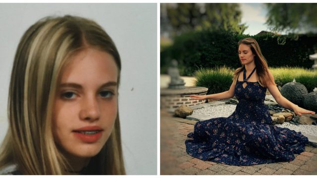 Vlevo Loretta Duchampsová jako teenager, vpravo při meditaci Falun Dafa. (osobní archív L.D.)