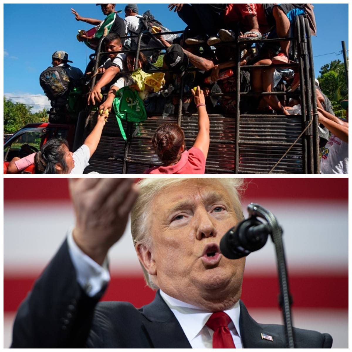 Honduranští migranti, kteří míří v karavanu do USA na palubě nákladního automobilu, 24. října 2018. (JOHAN ORDONEZ / AFP / Getty Images) (Nahoře) Americký prezident Donald Trump. (SAUL LOEB / AFP / Getty Images)